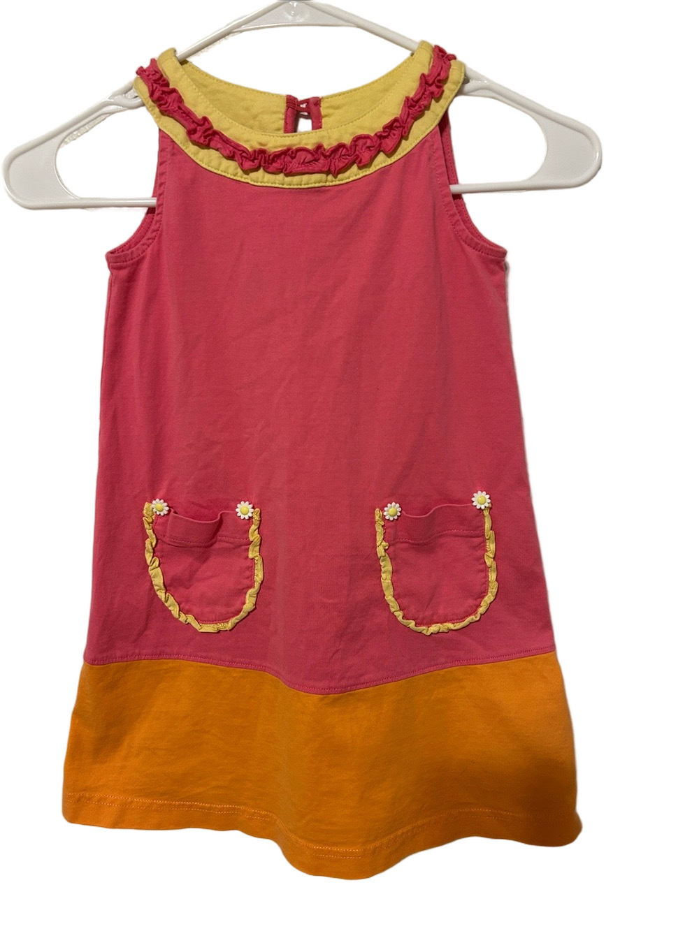 🐕‍🦺Hanna Andersson  Colorblock Pink &Orange Ruffle Pocket Dress size 100/us4 GUC